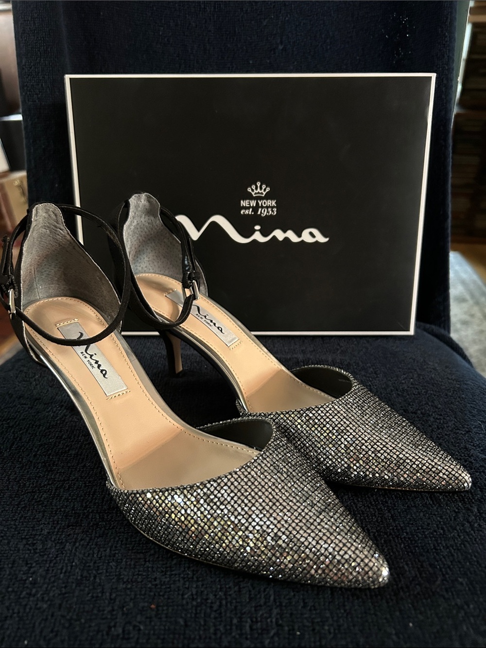 Nina Brenda YG Silver Glitter Pointed-Toe Ankle-Strap Kitten Heels